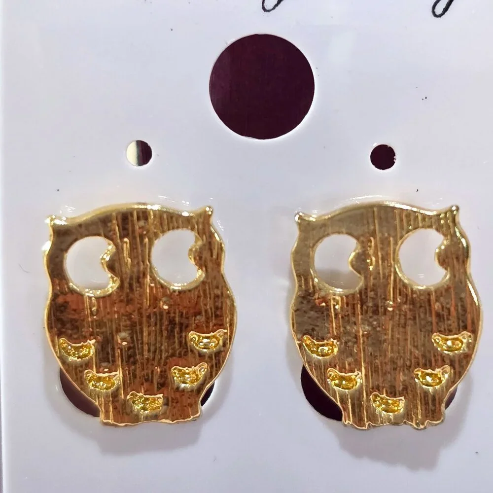 NOC Small Gold Finish OWL Textured Stud Pierced Earrings